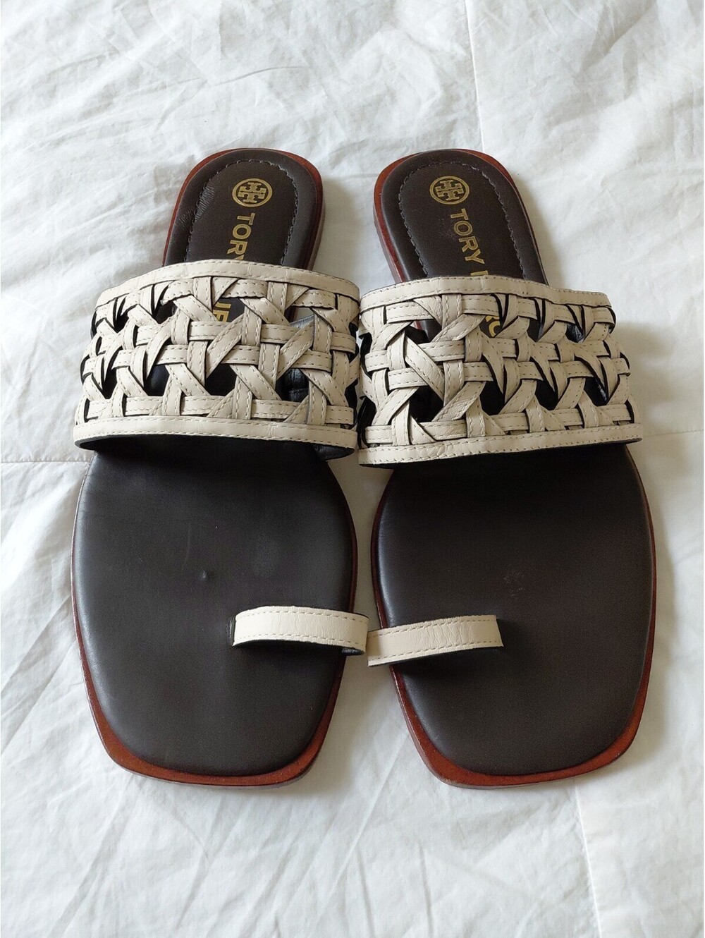 Tory Burch Cream and Brown Woven Thong Slides Size 8.5 EUC #753